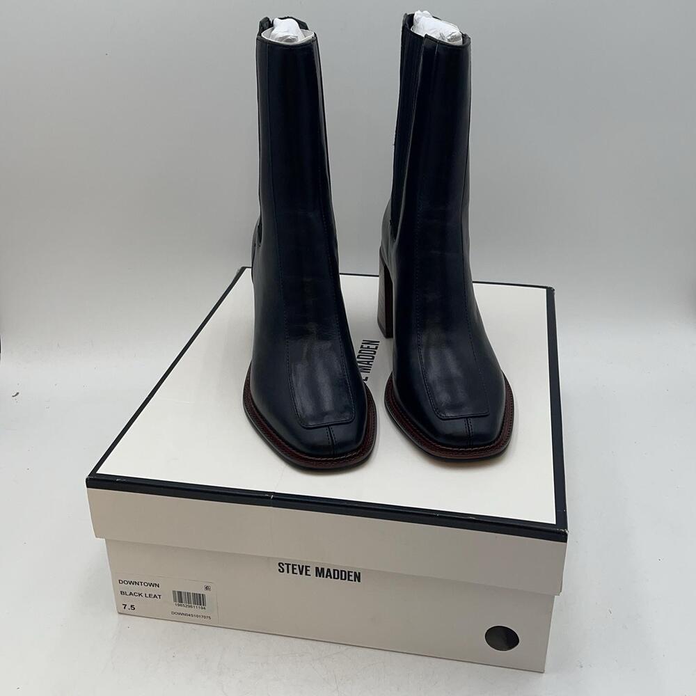 Steve Madden Downtown Boots Womens Black Leather Ankle Square Bootie New Sz 7.5